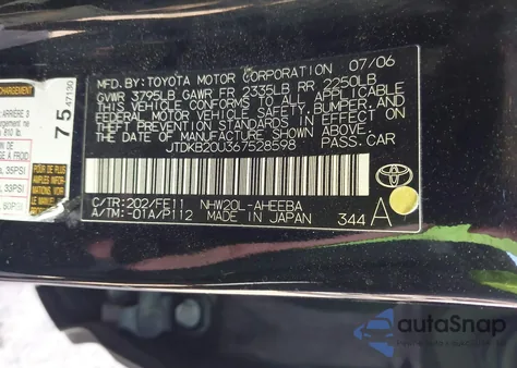 2006 Toyota Prius from USA, damaged, VIN JTDKB20U367528598